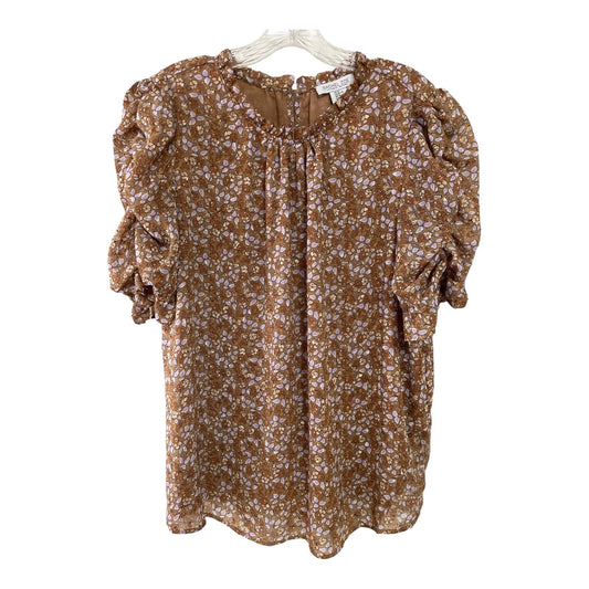 Rachel Zoe Women’s XL Puff Sleeve Floral Blouse Brown Lavender – Needs Minor Seam Repair