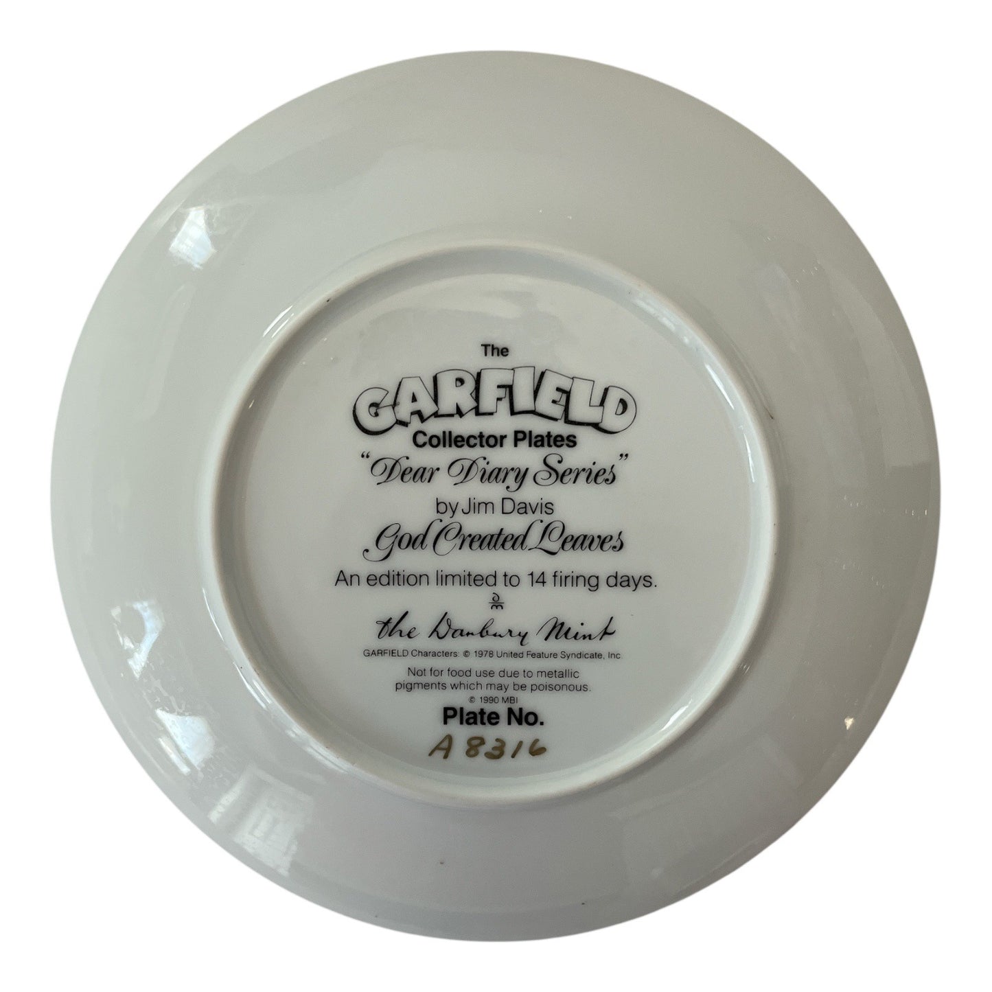 Garfield Dear Diary Series "God Created Leaves" Danbury Mint Collector Plate 8.25" COA