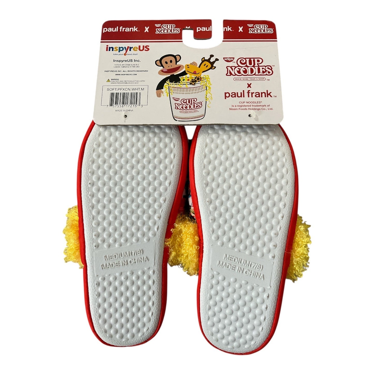 Cup Noodles x Paul Frank Soft Slippers – Size M (7/8) – Cozy Fuzzy Yellow Lining – NWT