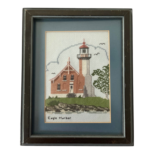 Vtg. Framed Eagle Harbor Lighthouse Cross-Stitch – Nautical Wall Art – 8.5 x 10.5