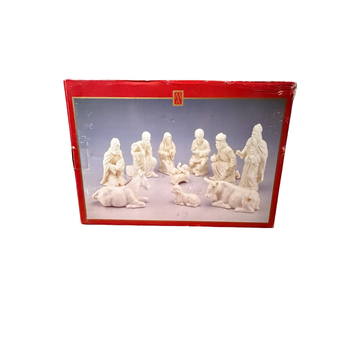 Vintage Madison Avenue 10 Piece Glazed Bisque Nativity Set Gold Accents Original Box