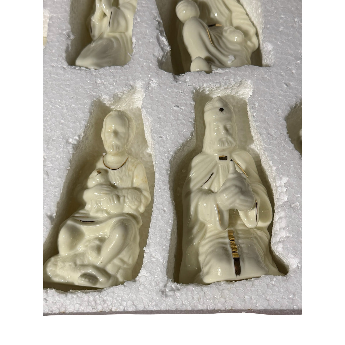 Vintage Madison Avenue 10 Piece Glazed Bisque Nativity Set Gold Accents Original Box