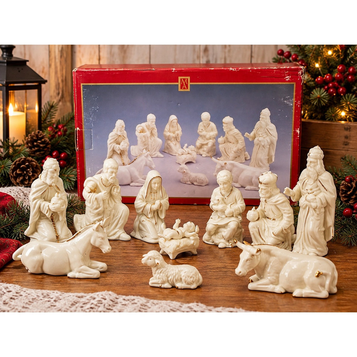 Vintage Madison Avenue 10 Piece Glazed Bisque Nativity Set Gold Accents Original Box