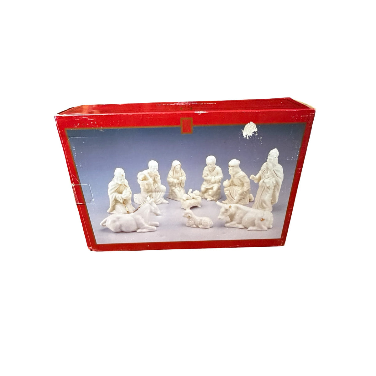 Vintage Madison Avenue 10 Piece Glazed Bisque Nativity Set Gold Accents Original Box