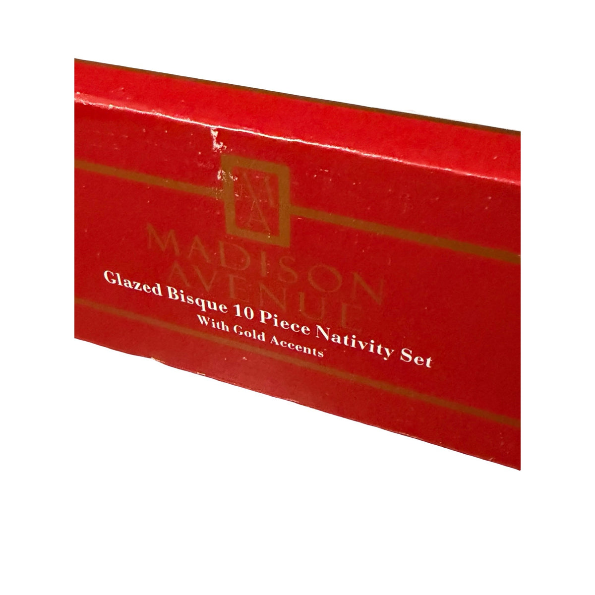 Vintage Madison Avenue 10 Piece Glazed Bisque Nativity Set Gold Accents Original Box