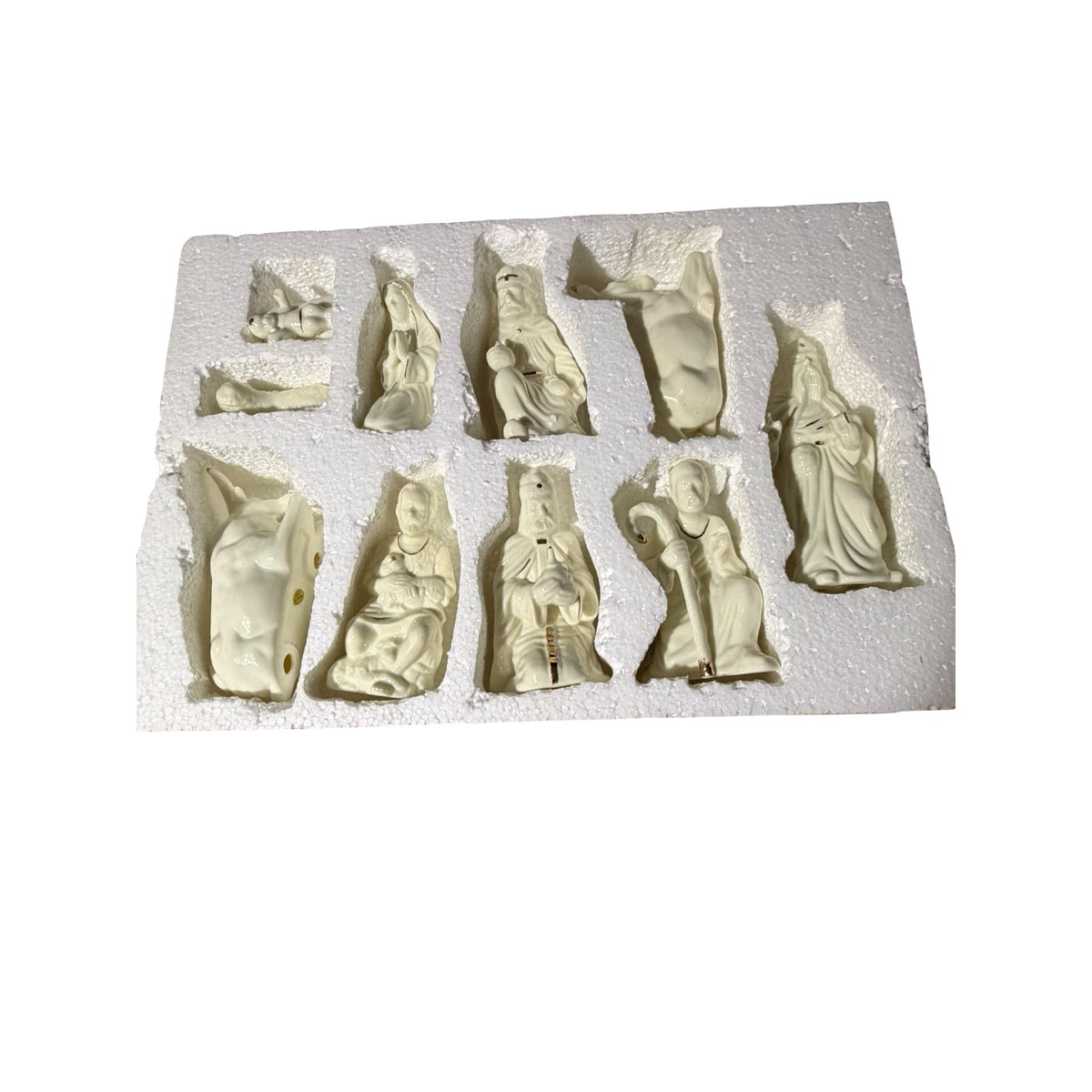 Vintage Madison Avenue 10 Piece Glazed Bisque Nativity Set Gold Accents Original Box
