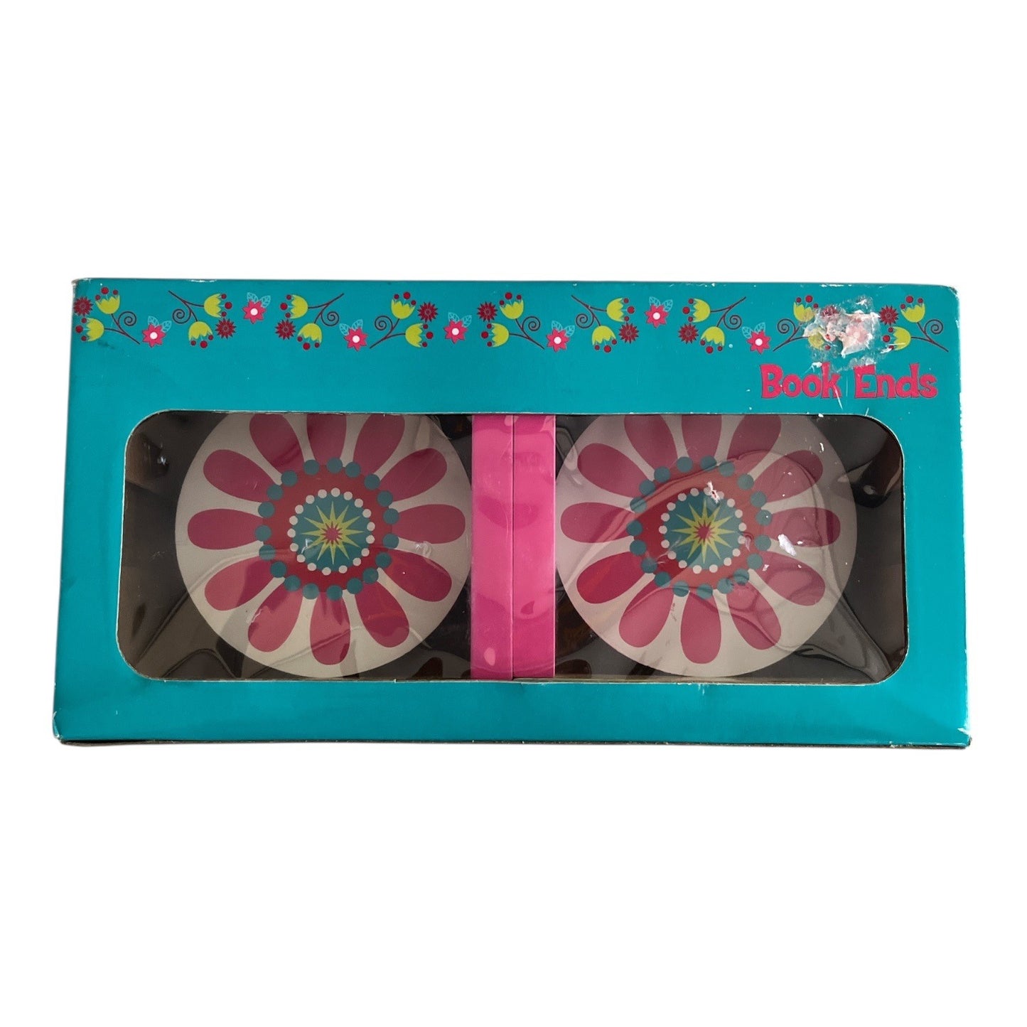 Vtg Floral Wooden Bookends Pink Teal Retro Flower Design Target
