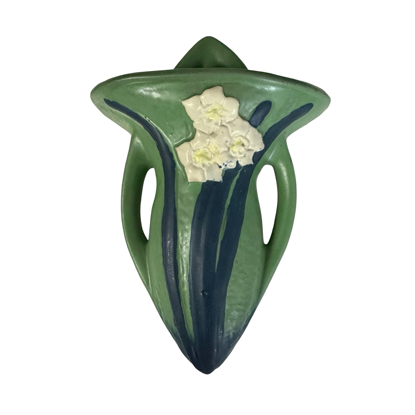 Roseville Pottery Green Wall Pocket Vase w/ White Floral Relief 8” x 6” Art Pottery