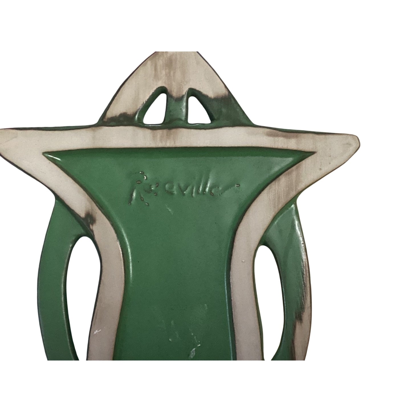 Roseville Pottery Green Wall Pocket Vase w/ White Floral Relief 8” x 6” Art Pottery