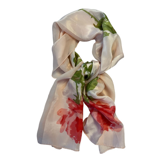 Vintage Vera Neumann Rose Silk Scarf – 1960s Floral Print Japan-Made – Hand Rolled Hem – Pink Red Green – 44 x 19
