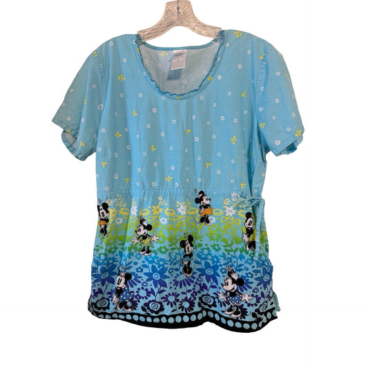 Disney Minnie Mouse Floral Border Print Scrub Top Tunic Medium Side Tie Blue