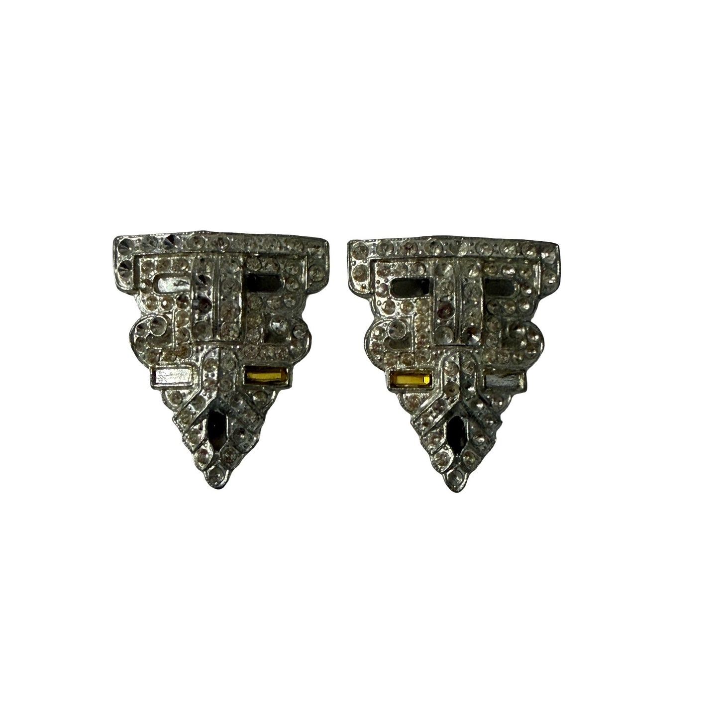 Vintage 1930s Singer & Kantor WMCA Rhinestone Dress Clips Pair LB Bell Mark