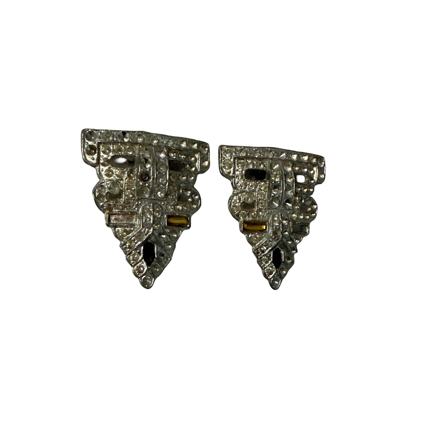 Vintage 1930s Singer & Kantor WMCA Rhinestone Dress Clips Pair LB Bell Mark