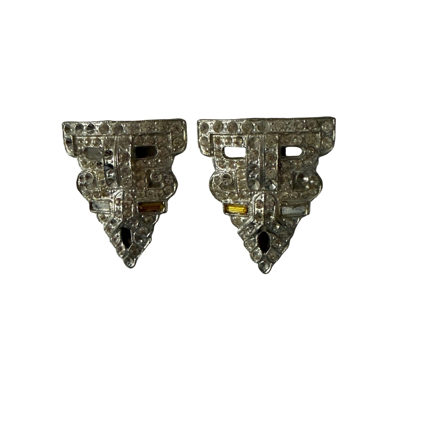 Vintage 1930s Singer & Kantor WMCA Rhinestone Dress Clips Pair LB Bell Mark