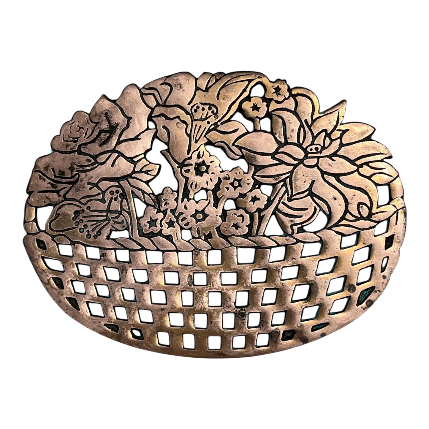 VTG Old Dutch Design 1983 Brass Wall Hanging Trivet – Floral Basket Cutout – Rose Gold Tone – Made in Taiwan