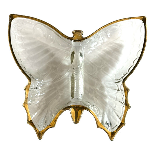 Vintage Clear Glass Butterfly Dish with Gold Trim – Mid-Century Style – 8" x 7"