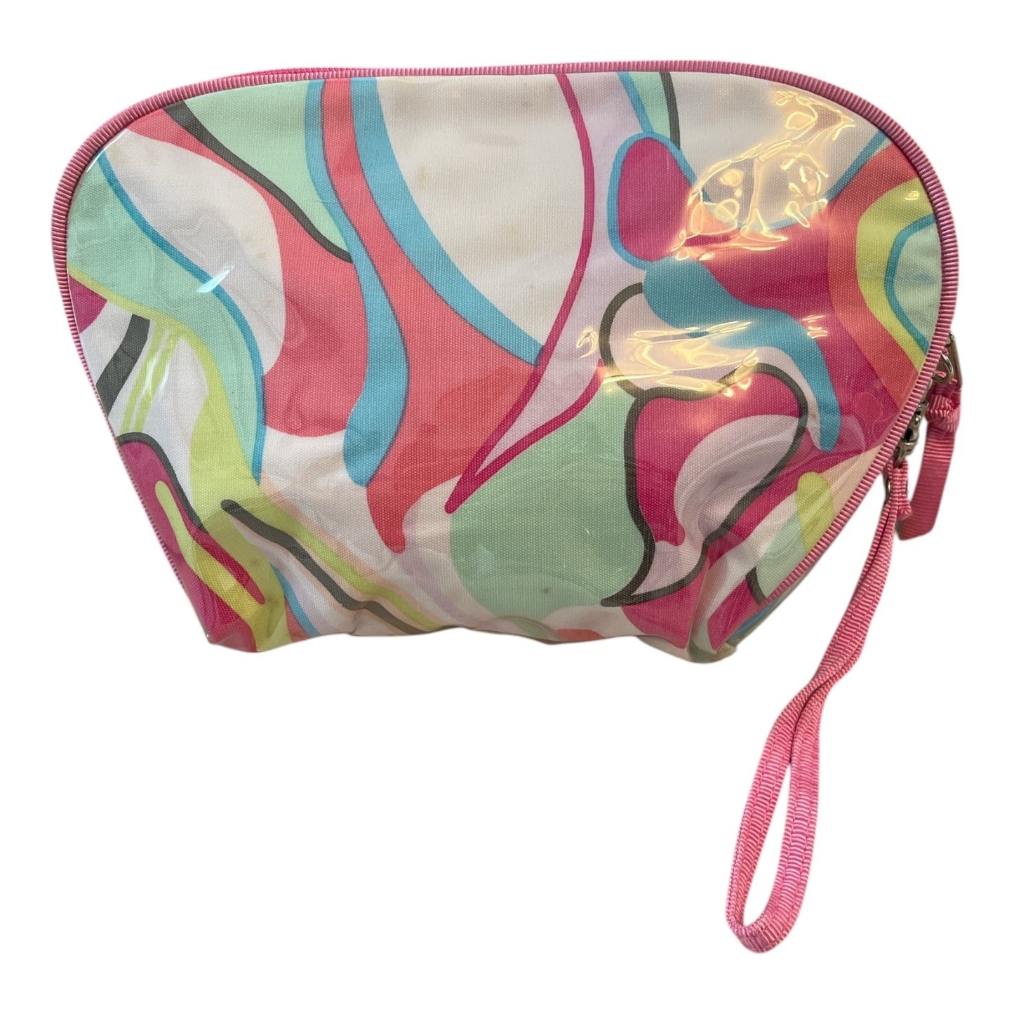 Vintage Liz Claiborne Clear Vinyl Cosmetic Makeup Bag Pink Swirl Wristlet Pouch Y2K