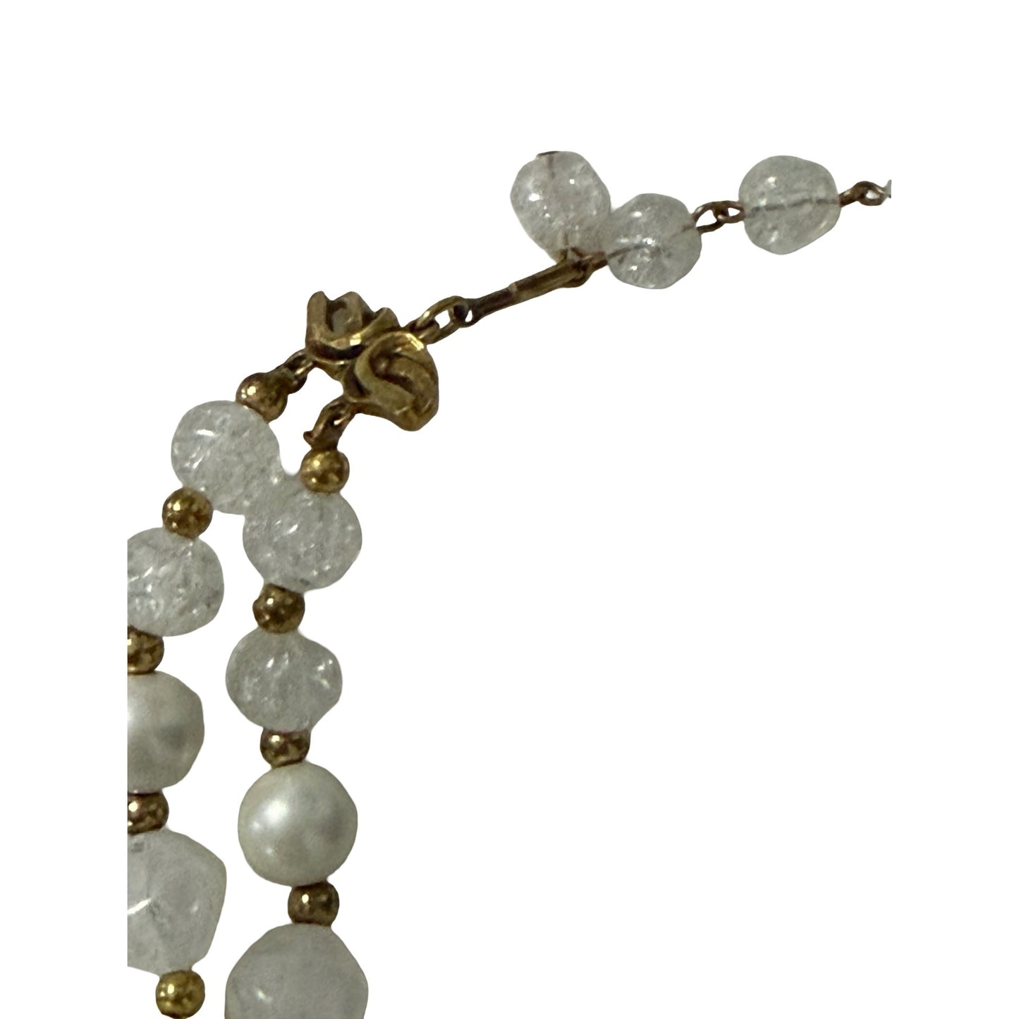 Vintage Deauville Double Strand Faux Pearl Crackle Bead Dragonfly Necklace 14"