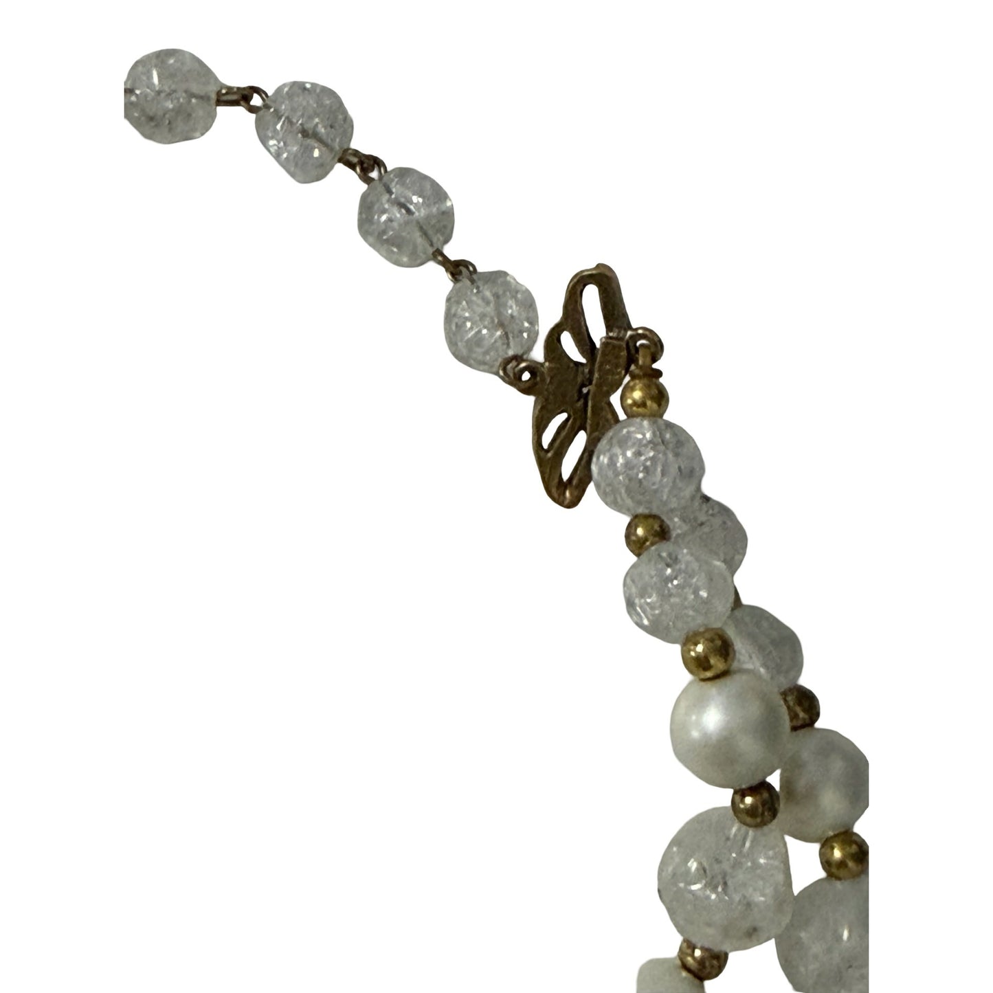 Vintage Deauville Double Strand Faux Pearl Crackle Bead Dragonfly Necklace 14"