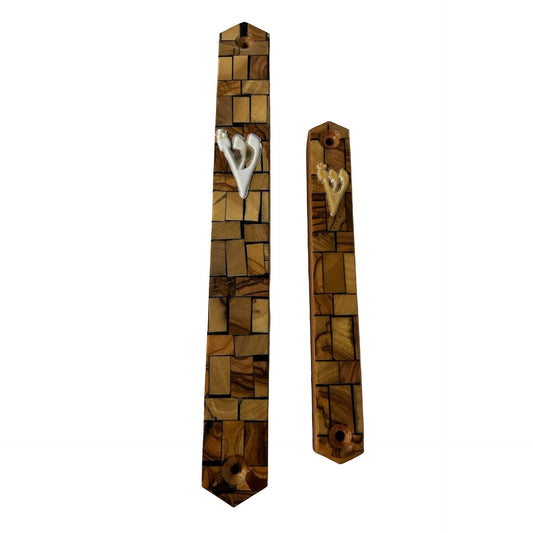 Vintage Holy Land Olive Wood Mezuzah Case Set Jerusalem Mosaic Inlay Judaica Wall Decor