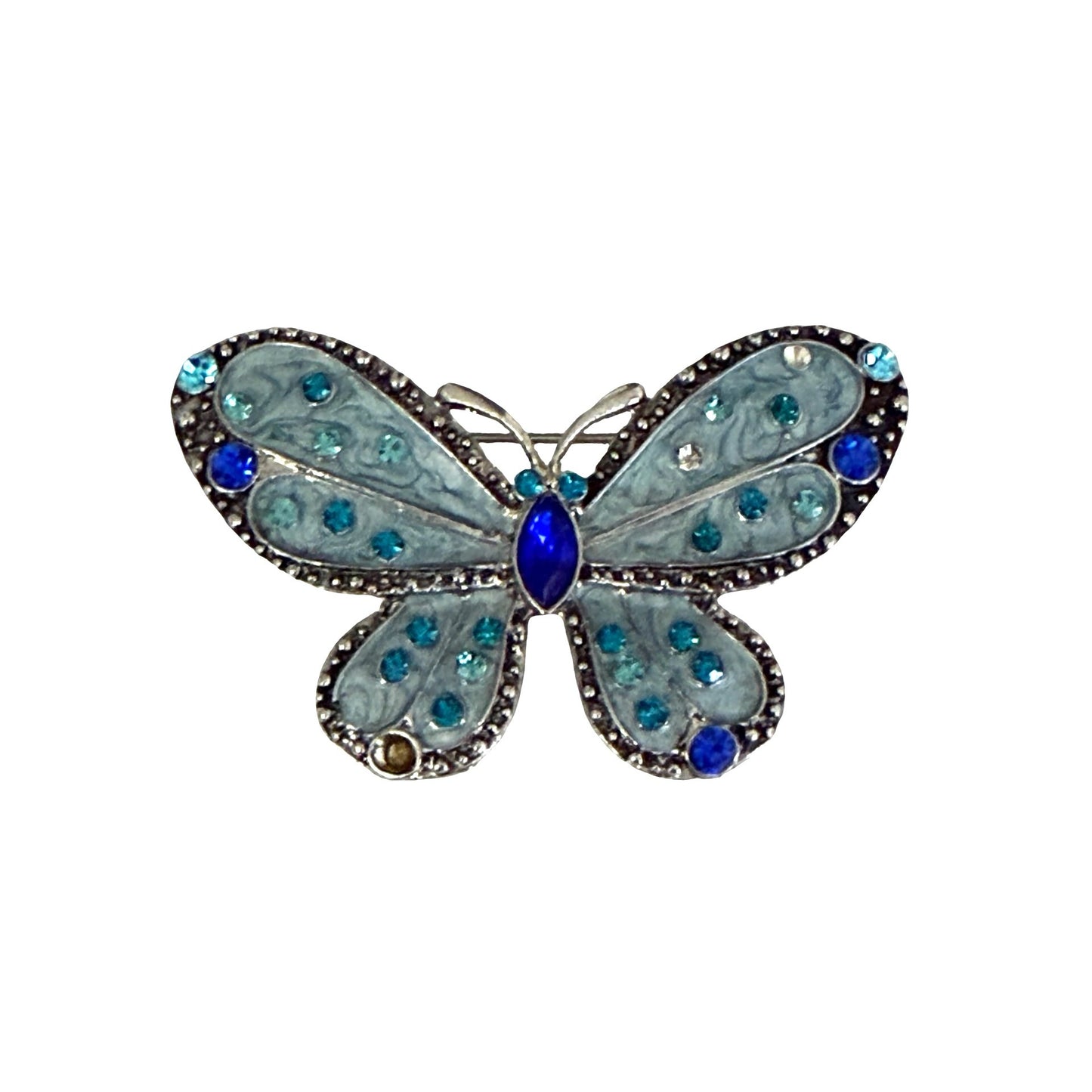 Vintage Blue Butterfly Brooch Rhinestone Silver Tone Aqua Cobalt Statement Pin