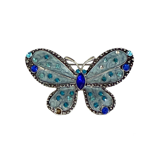 Vintage Blue Butterfly Brooch Rhinestone Silver Tone Aqua Cobalt Statement Pin