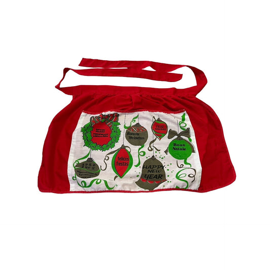 Vintage Christmas Half Apron Holiday Ornaments Red Green Mid Century Kitchen Decor 1950s Style