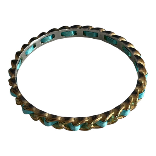 Vintage Graziano Gold-Tone and Aqua Ribbon Woven Bangle Bracelet – 3” Diameter