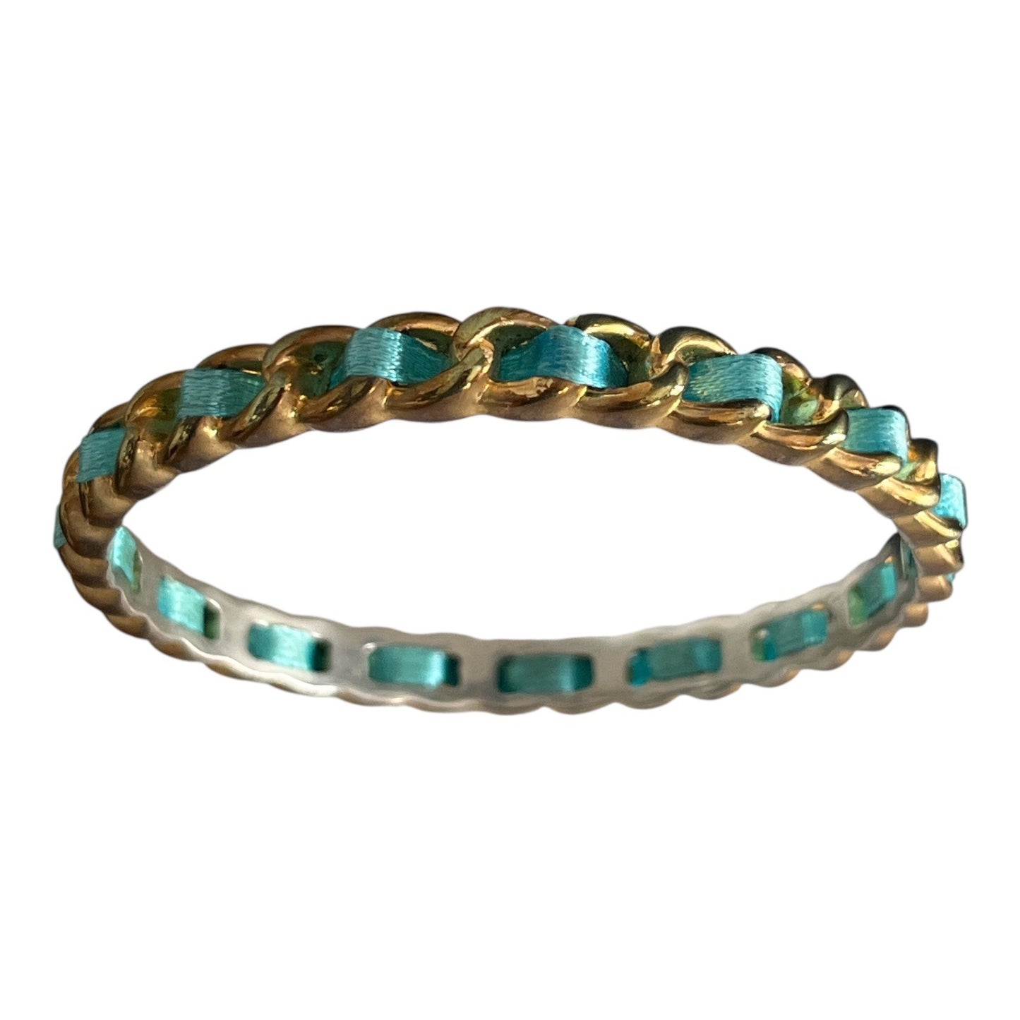 Vintage Graziano Gold-Tone and Aqua Ribbon Woven Bangle Bracelet – 3” Diameter