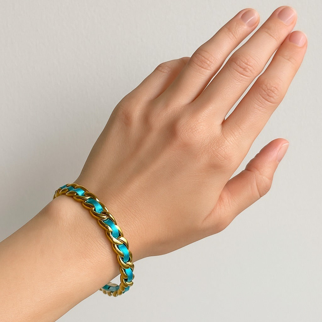 Vintage Graziano Gold-Tone and Aqua Ribbon Woven Bangle Bracelet – 3” Diameter