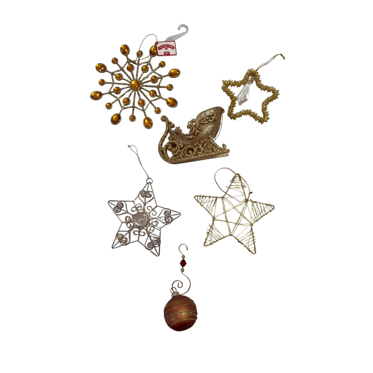 Mixed Christmas Ornament Lot Gold Silver Stars Sleigh Snowflake Jeweled 6 Pc