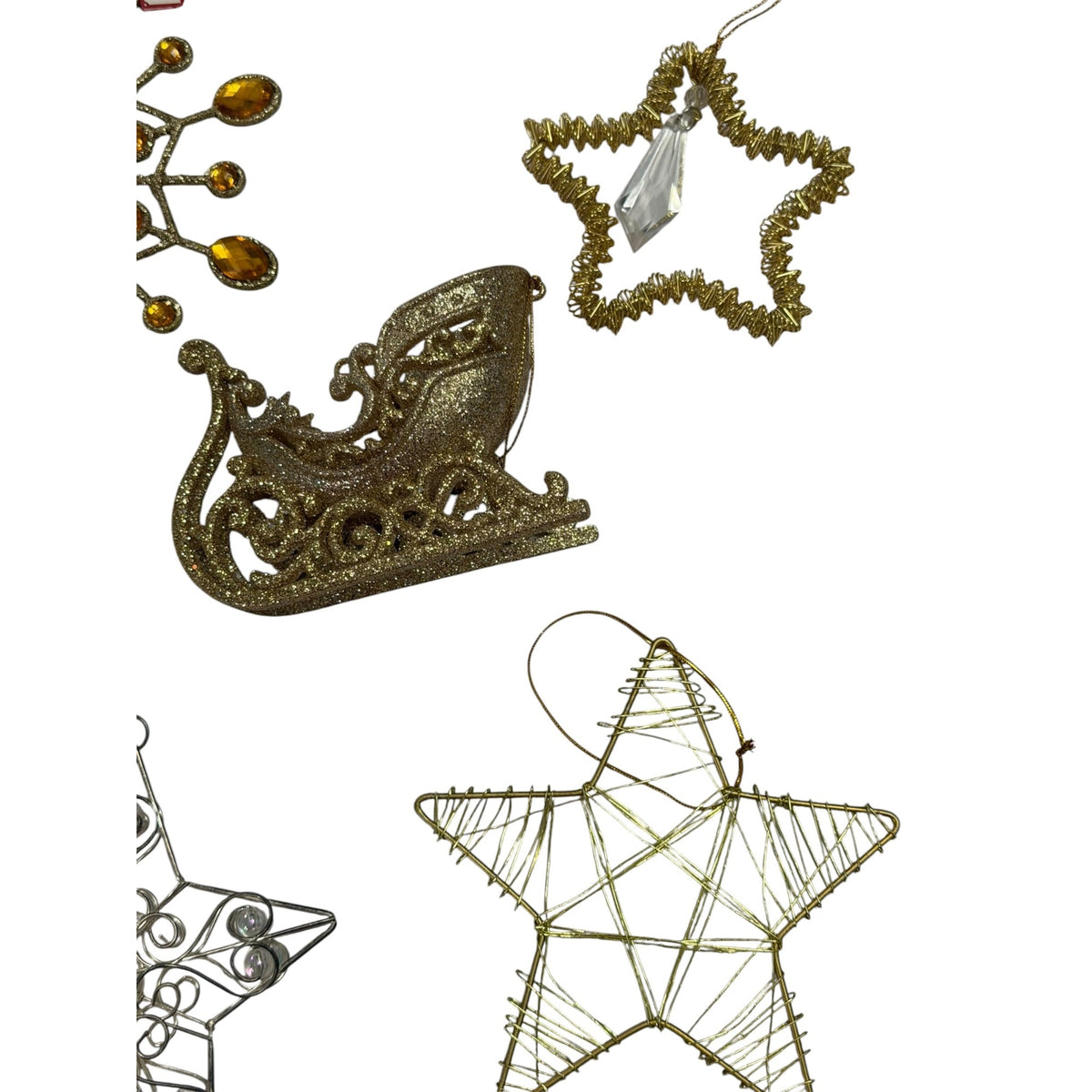 Mixed Christmas Ornament Lot Gold Silver Stars Sleigh Snowflake Jeweled 6 Pc