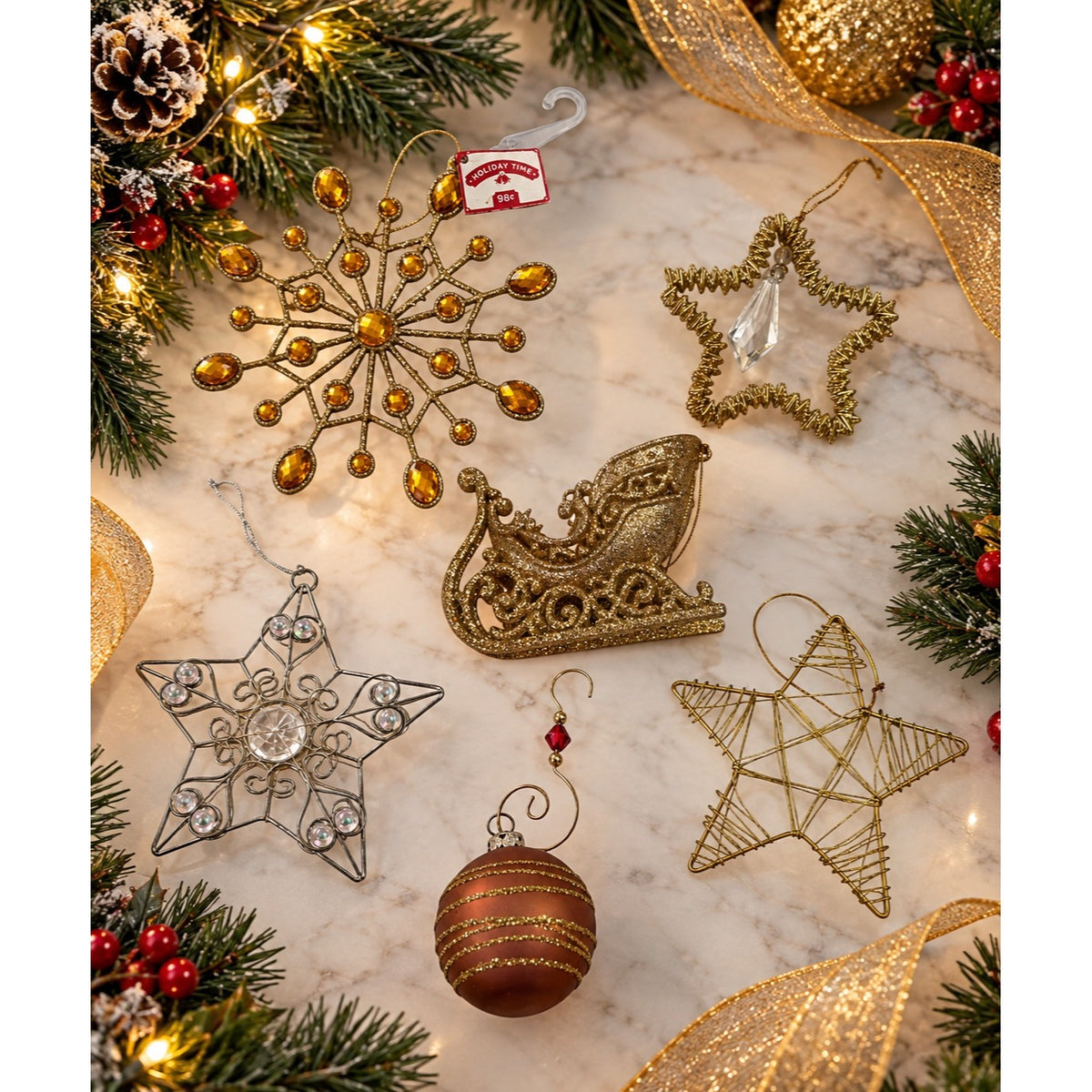 Mixed Christmas Ornament Lot Gold Silver Stars Sleigh Snowflake Jeweled 6 Pc