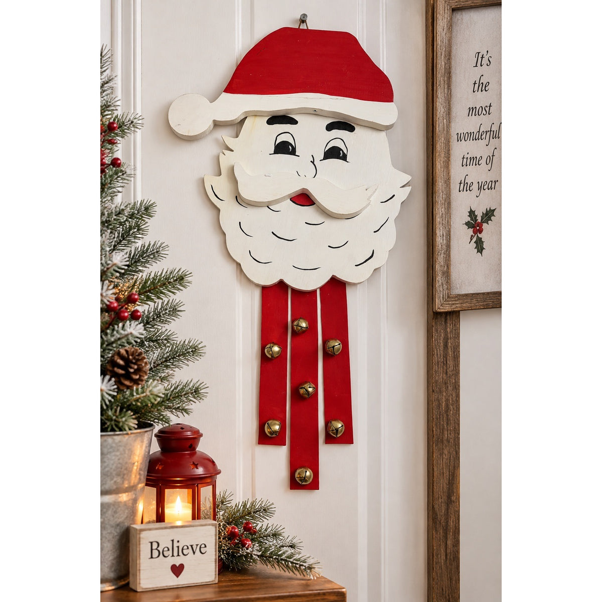 Handmade Hand Painted Wooden Santa Claus Christmas Wall Hanging Jingle Bells 24 Inch