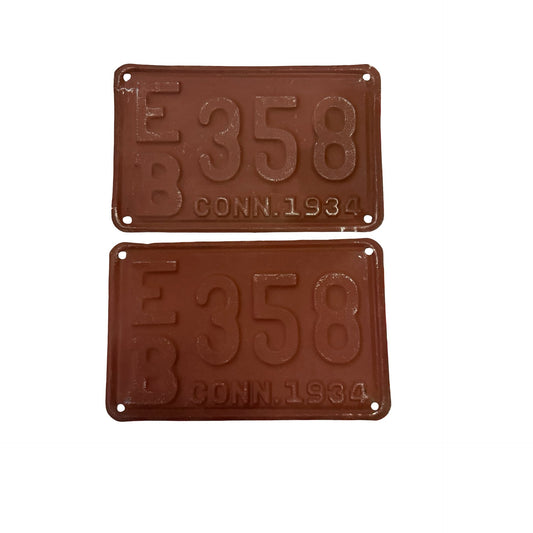 Vintage 1934 Connecticut License Plate Pair EB 358 Brown Embossed Matching Set
