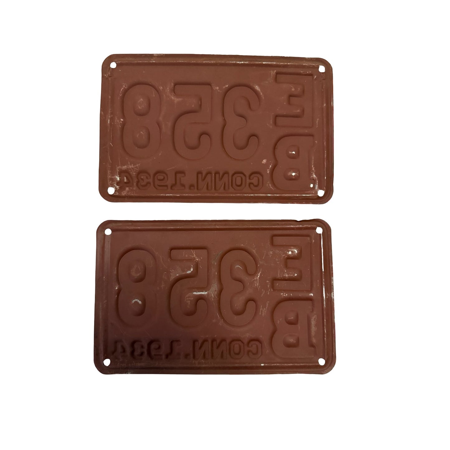 Vintage 1934 Connecticut License Plate Pair EB 358 Brown Embossed Matching Set