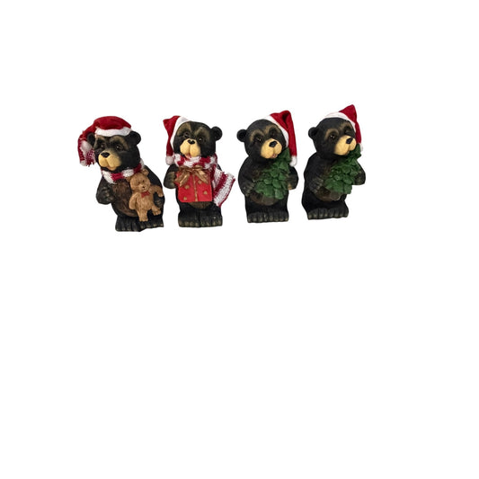 Set of 4 Vintage Christmas Black Bear Figurines Santa Hats Trees Gifts Resin Holiday Decor