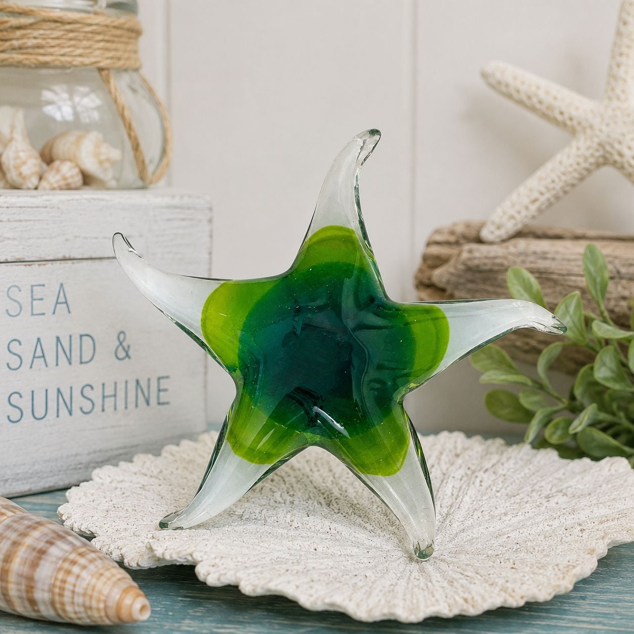 Glass Art Starfish Figurine Green Blue White Hand Blown Coastal Beach Decor 5.5"