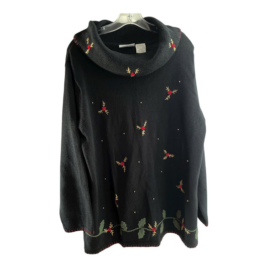 VTG Basic Editions Christmas Sweater XL – Black Holly Embroidery – Shoulder Seam Repair
