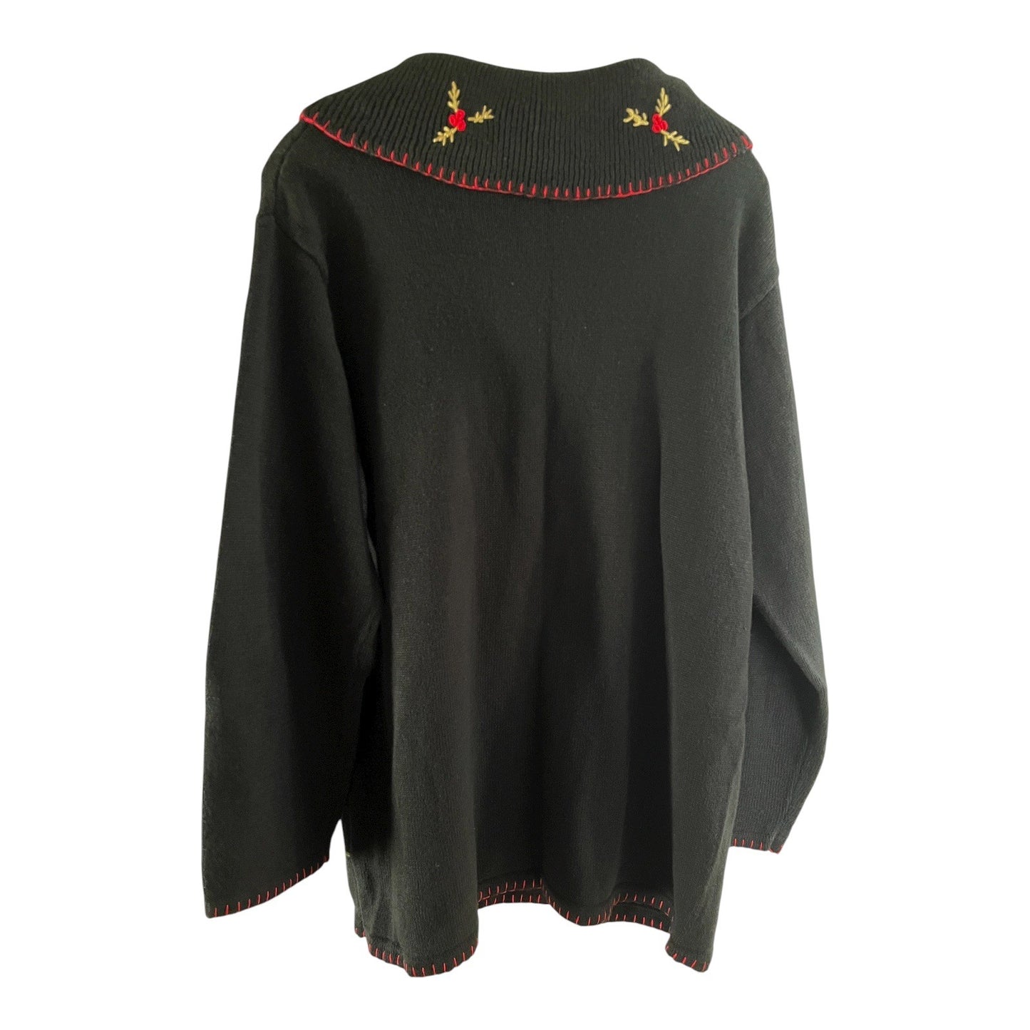 VTG Basic Editions Christmas Sweater XL – Black Holly Embroidery – Shoulder Seam Repair
