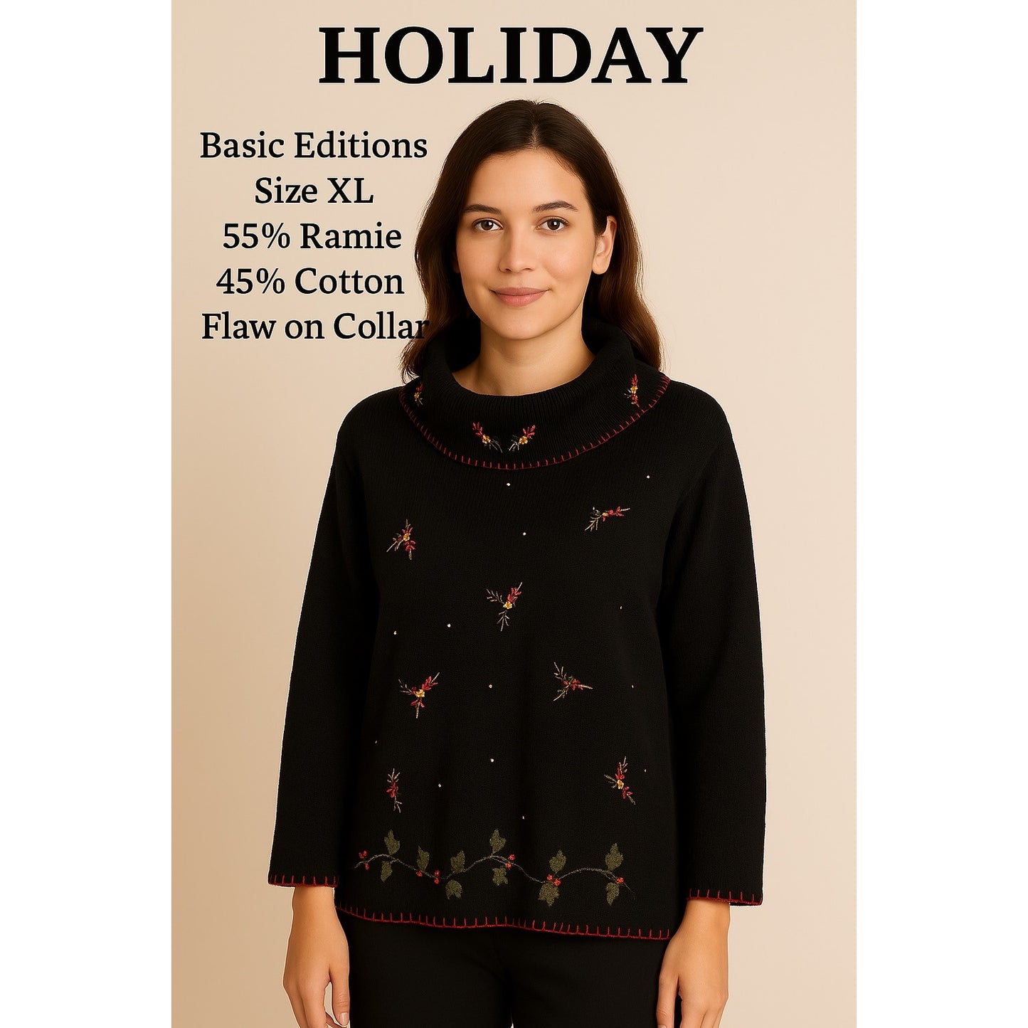 VTG Basic Editions Christmas Sweater XL – Black Holly Embroidery – Shoulder Seam Repair