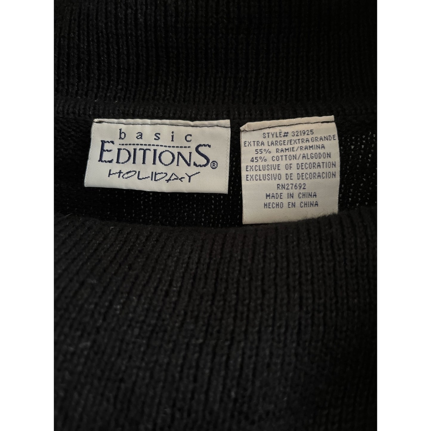 VTG Basic Editions Christmas Sweater XL – Black Holly Embroidery – Shoulder Seam Repair