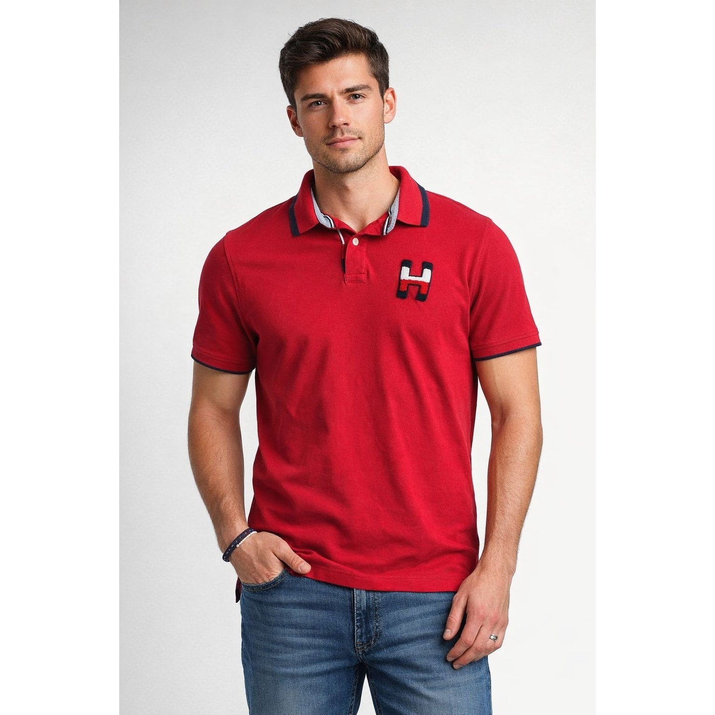 Tommy Hilfiger Men’s Red Polo Shirt Large Custom Fit Embroidered H Logo