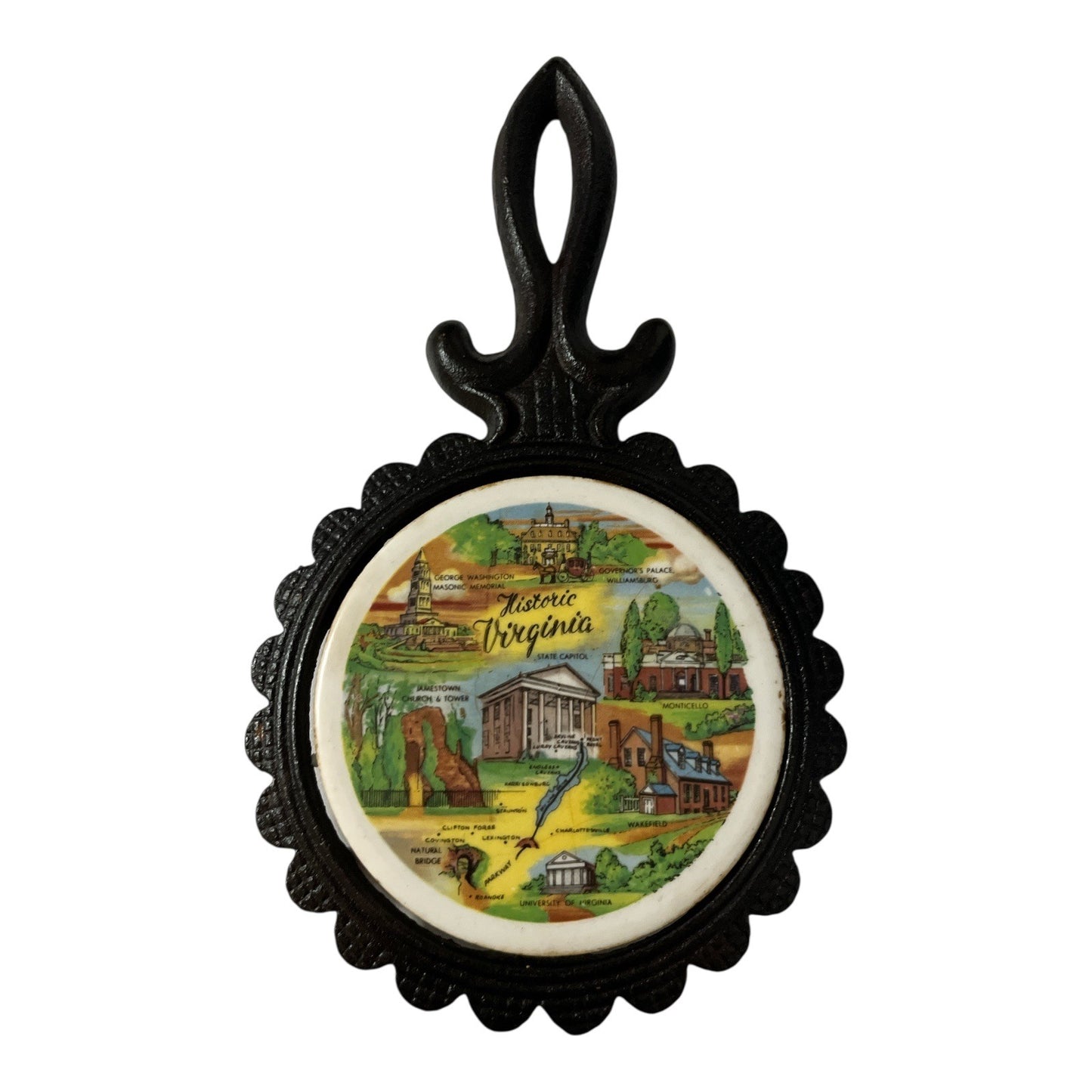 Vintage Historic Virginia Souvenir Trivet Cast Iron Stand Scenic Tile Wall or Table Display