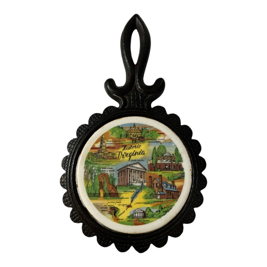 Vintage Historic Virginia Souvenir Trivet Cast Iron Stand Scenic Tile Wall or Table Display