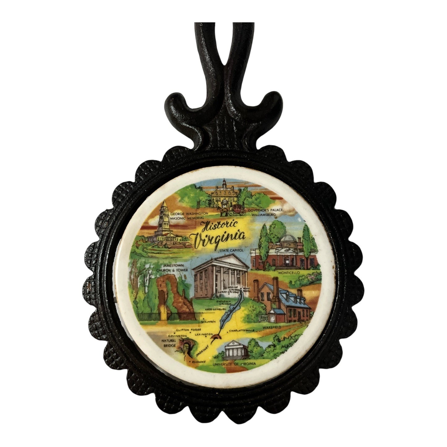 Vintage Historic Virginia Souvenir Trivet Cast Iron Stand Scenic Tile Wall or Table Display