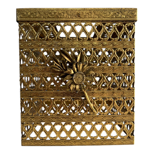 Vintage Brass Filigree Tissue Box Cover Square with Floral Accent Mid Century Decor