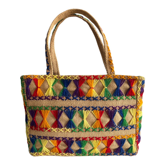 Vintage Woven Straw Tote Bag Colorful Embroidered Geometric Boho Market Purse