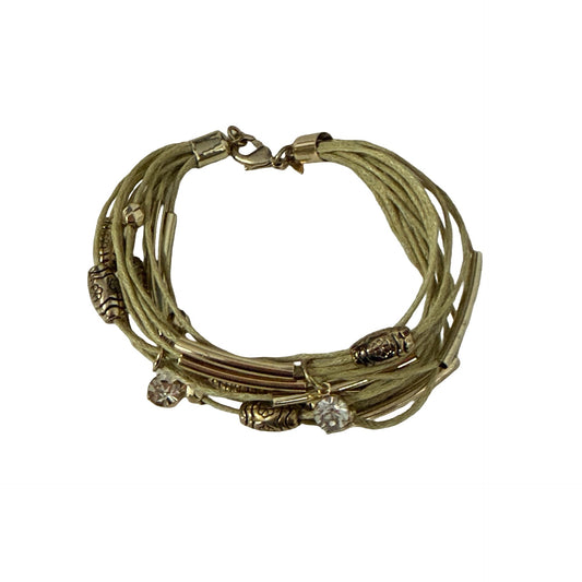 Vintage SAQ Multi Strand Beige Cord Bracelet Gold Tone Rhinestone Layered Boho Avon Era