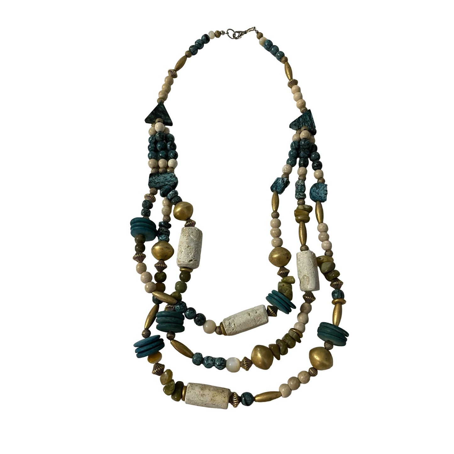Vintage Multi Strand Beaded Necklace 24” Turquoise Stone Brass Boho Statement Jewelry